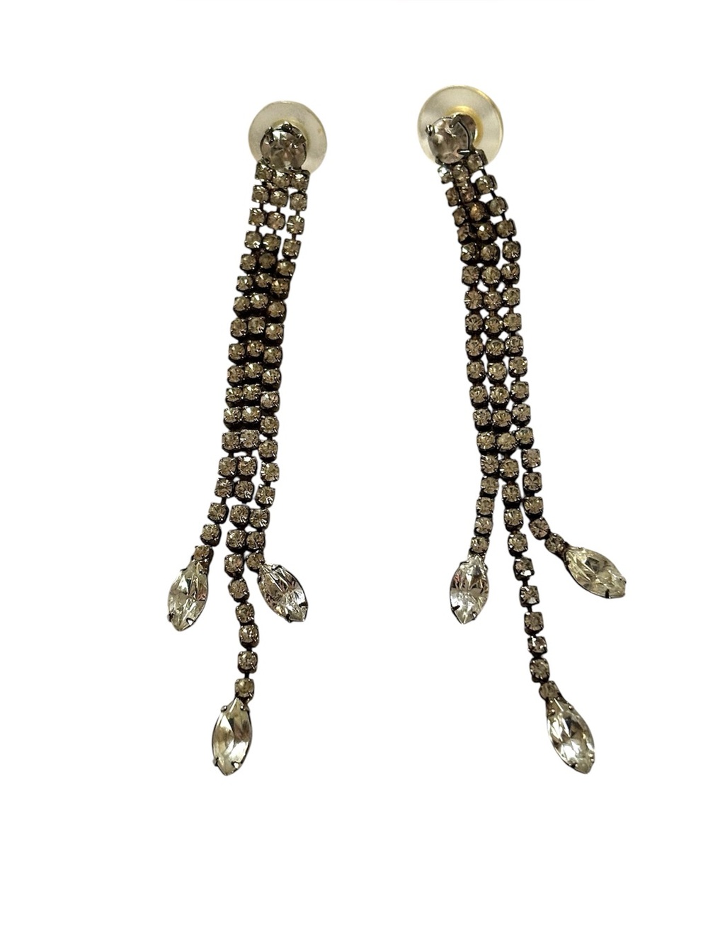 Vintage rhinestone dangling cascading pierced teardrop earrings 4” long - Picture 3 of 3